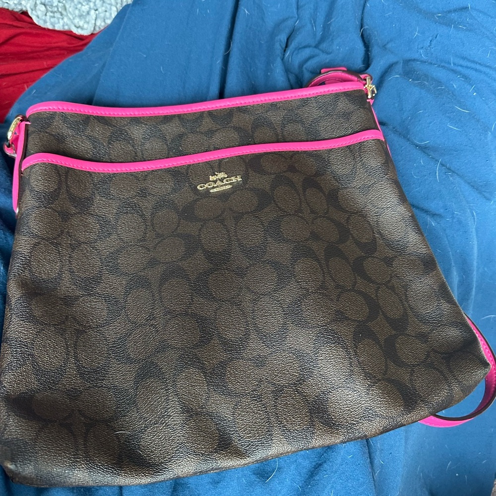 Coach Signature Brown Crossbody Bag with Pink Trim